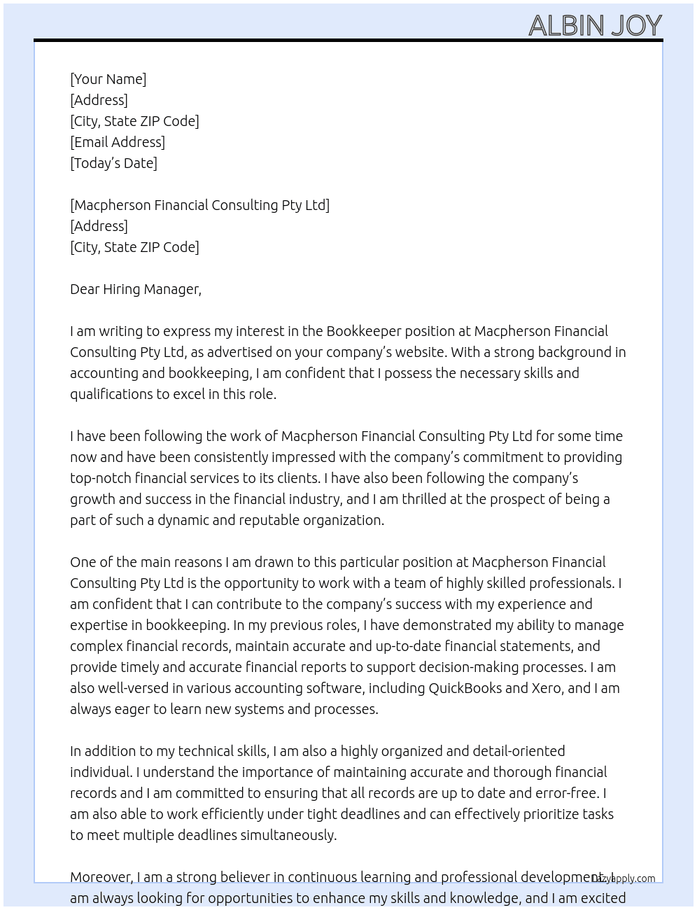 Cover letter for booknkeeper - LazyApply