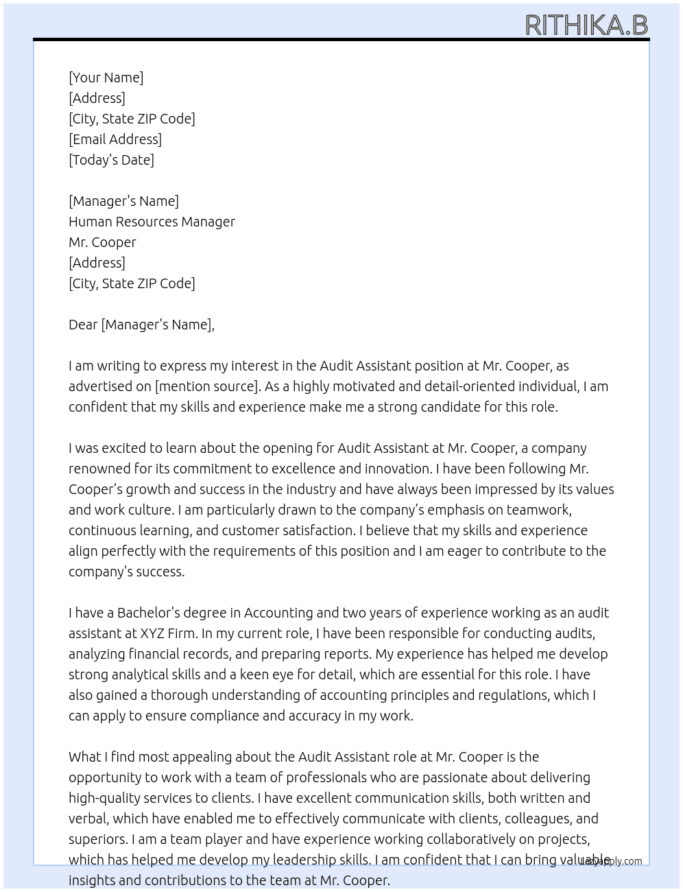 Audit assistant  At Mr.cooper Cover Letter