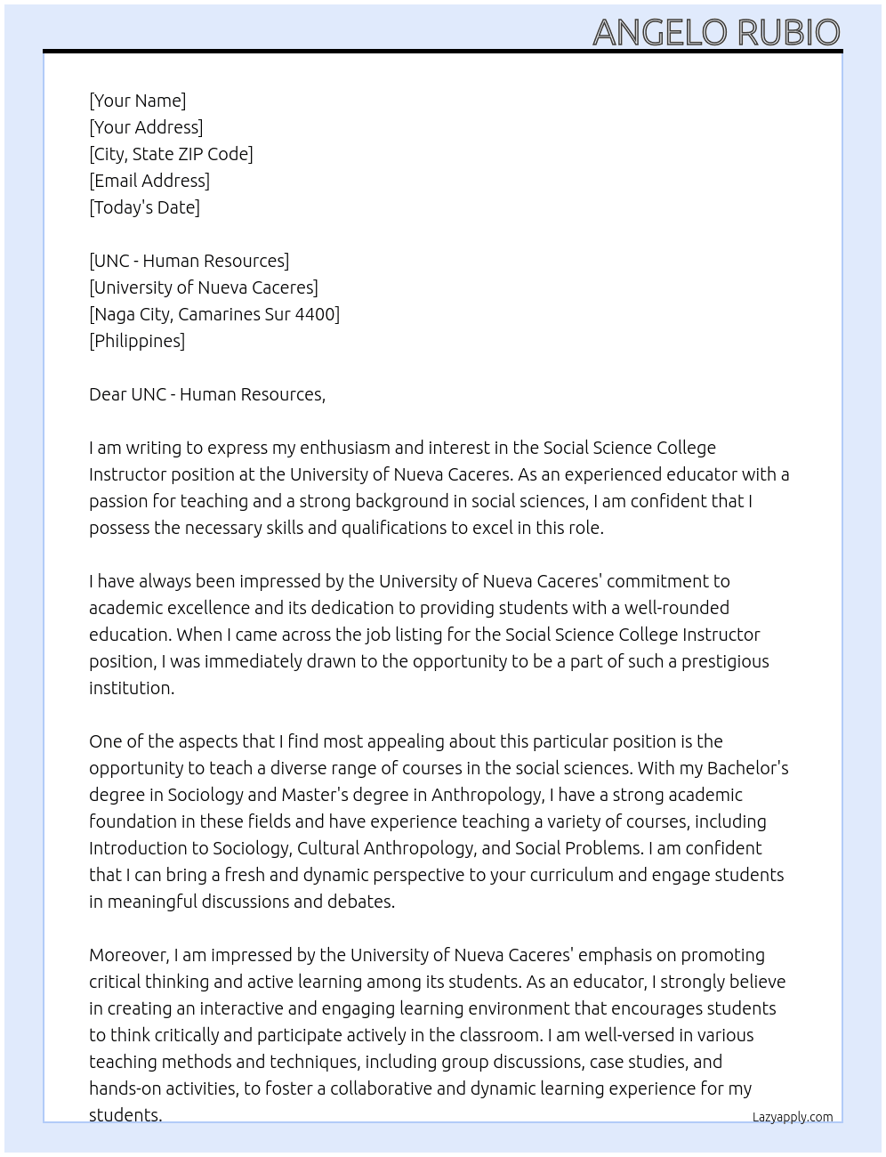 Social Science College Instructor At University of Nueva Caceres Cover Letter