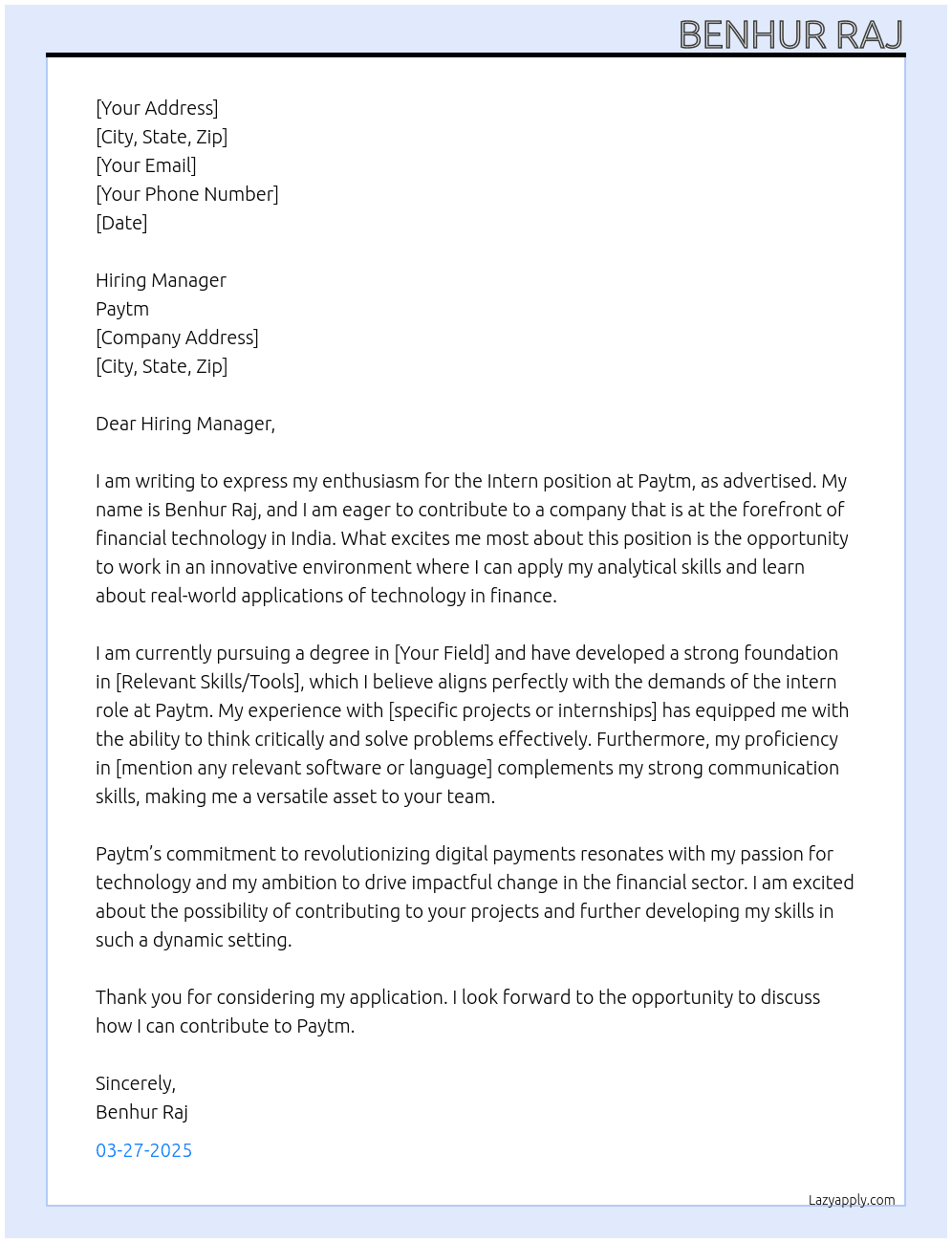 Intern At Paytm Cover Letter