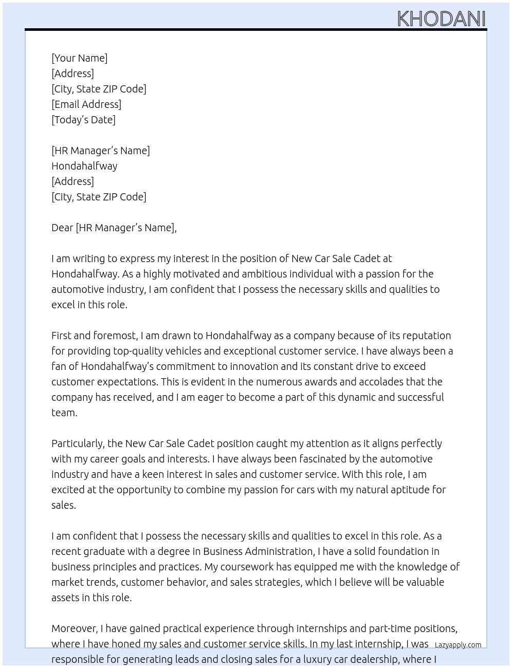 new car sale cadets At hondahalfway Cover Letter
