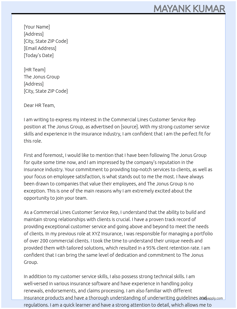 Commercial Lines Customer Service Rep At The Jonus Group Cover Letter