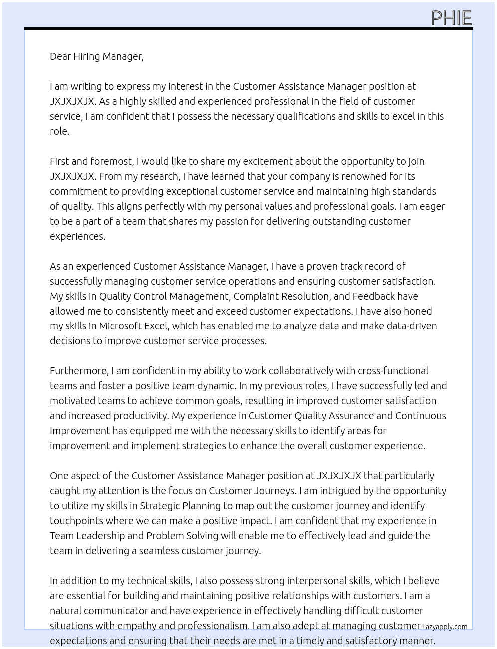 Customer Assistance Manager  At JXJXJXJX Cover Letter