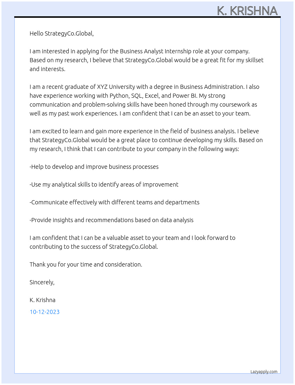 Business Analyst At StrategyCo.Global Cover Letter