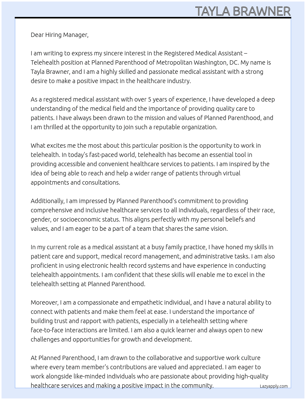 Registered Medical Assistant - Telehealth At Planned Parenthood of Metropolitan Washington, DC Cover Letter