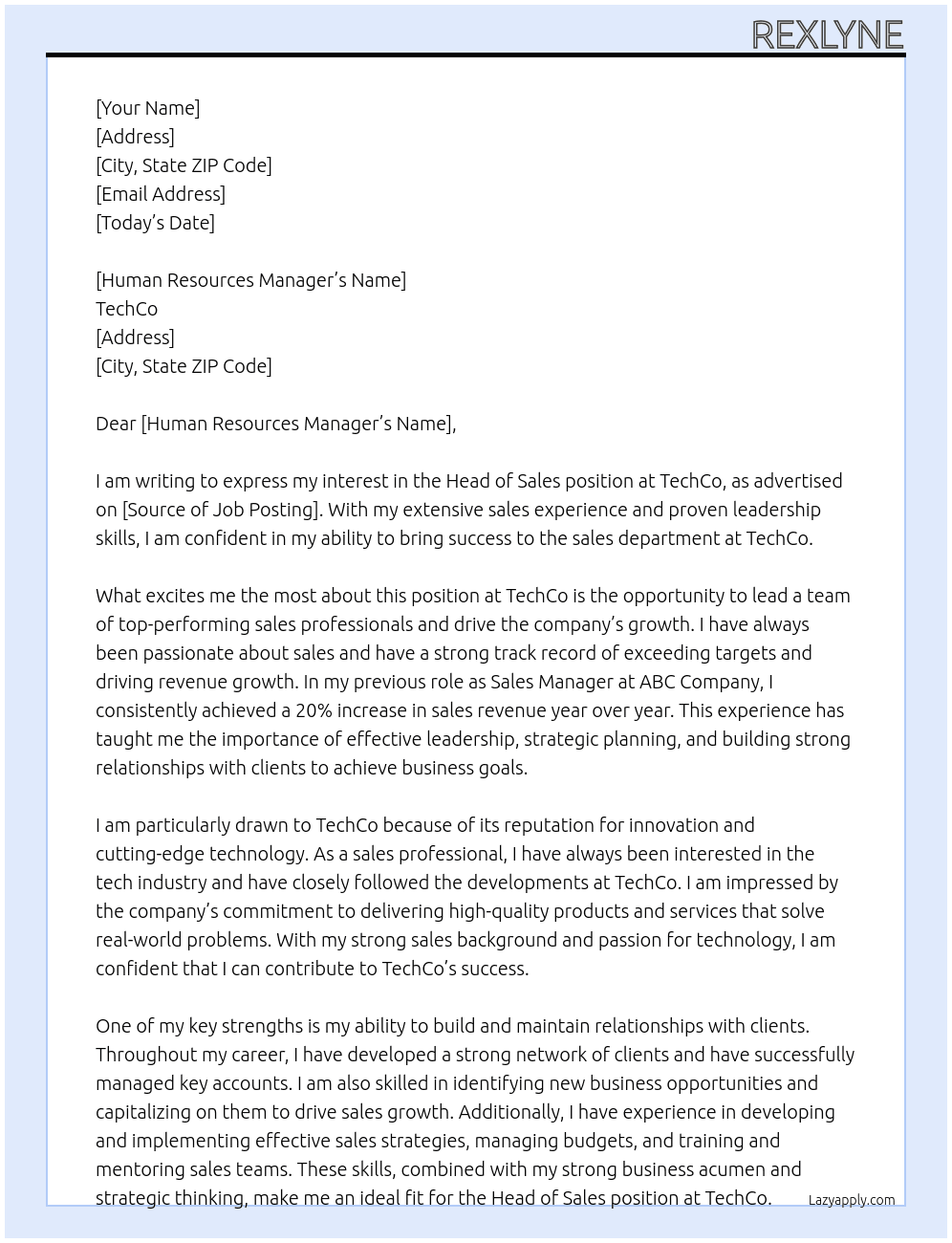 Head of Sales At TechCo Cover Letter