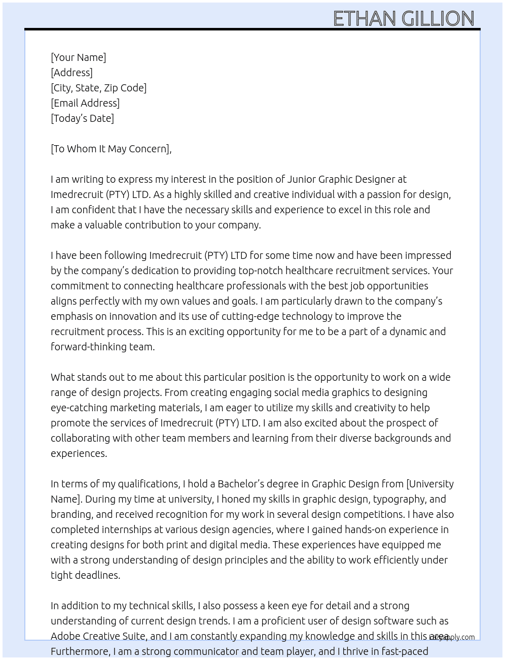 Junior Graphic Designer  At Imedrecruit (PTY) LTD Cover Letter