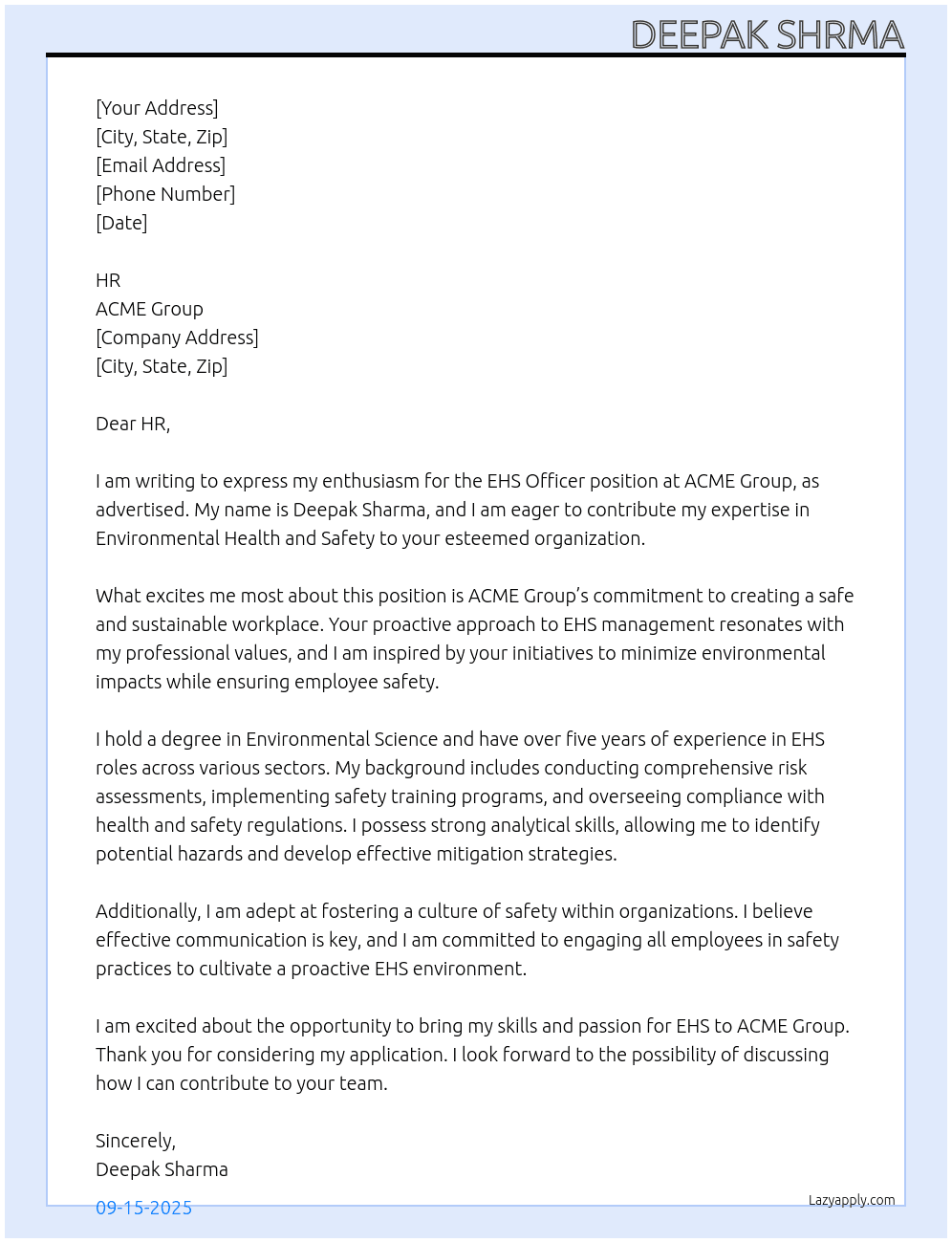 EHS officer  At ACME Group  Cover Letter
