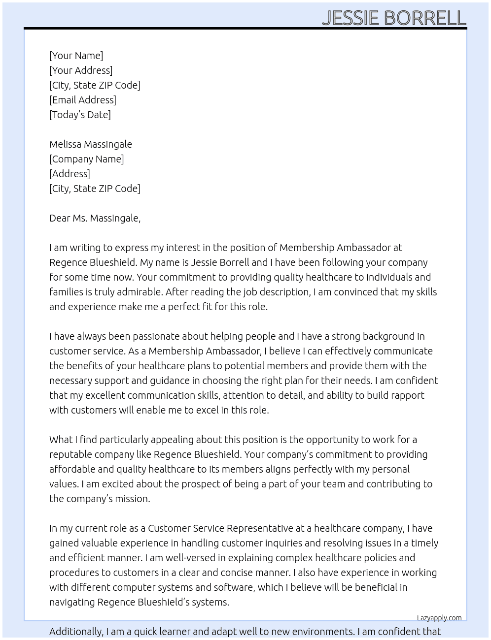 Membership Ambassador At Regence Blueshield Cover Letter