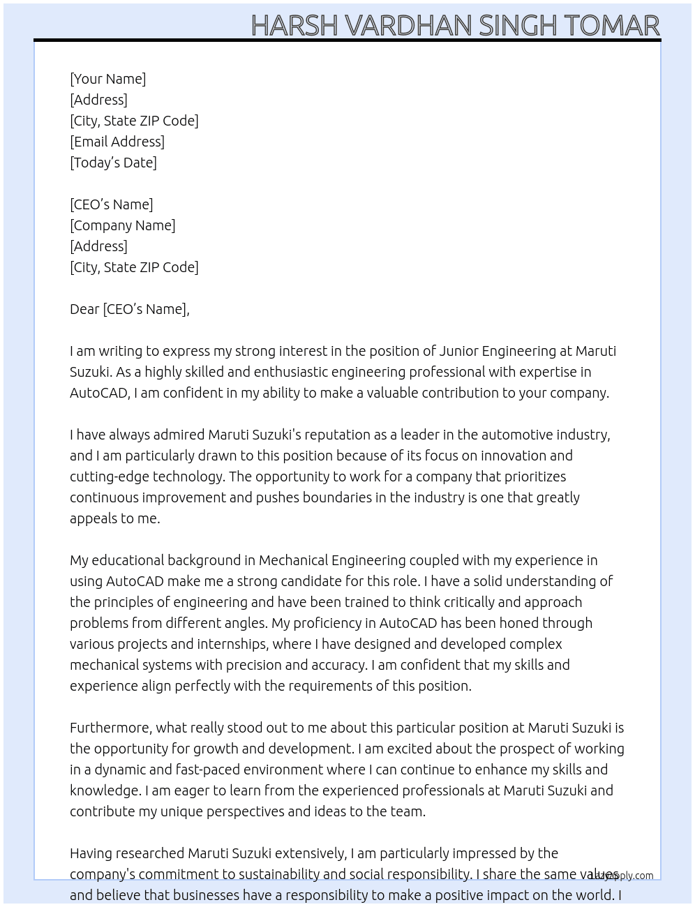 JUNIOR ENGINEERING At MARUTI SUZUKI Cover Letter