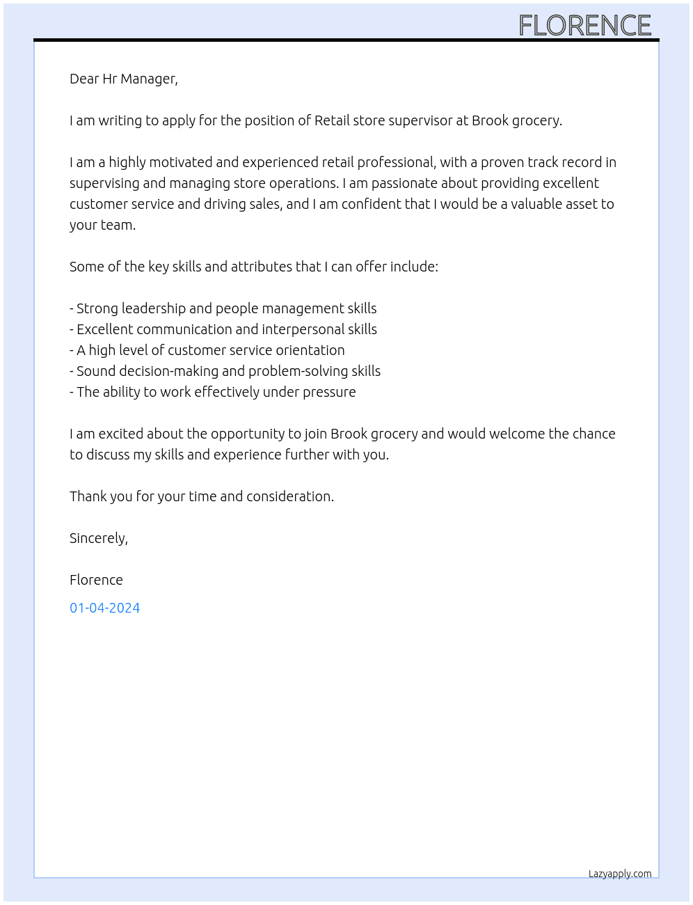 Retail store supervisor  At Brook grocery  Cover Letter