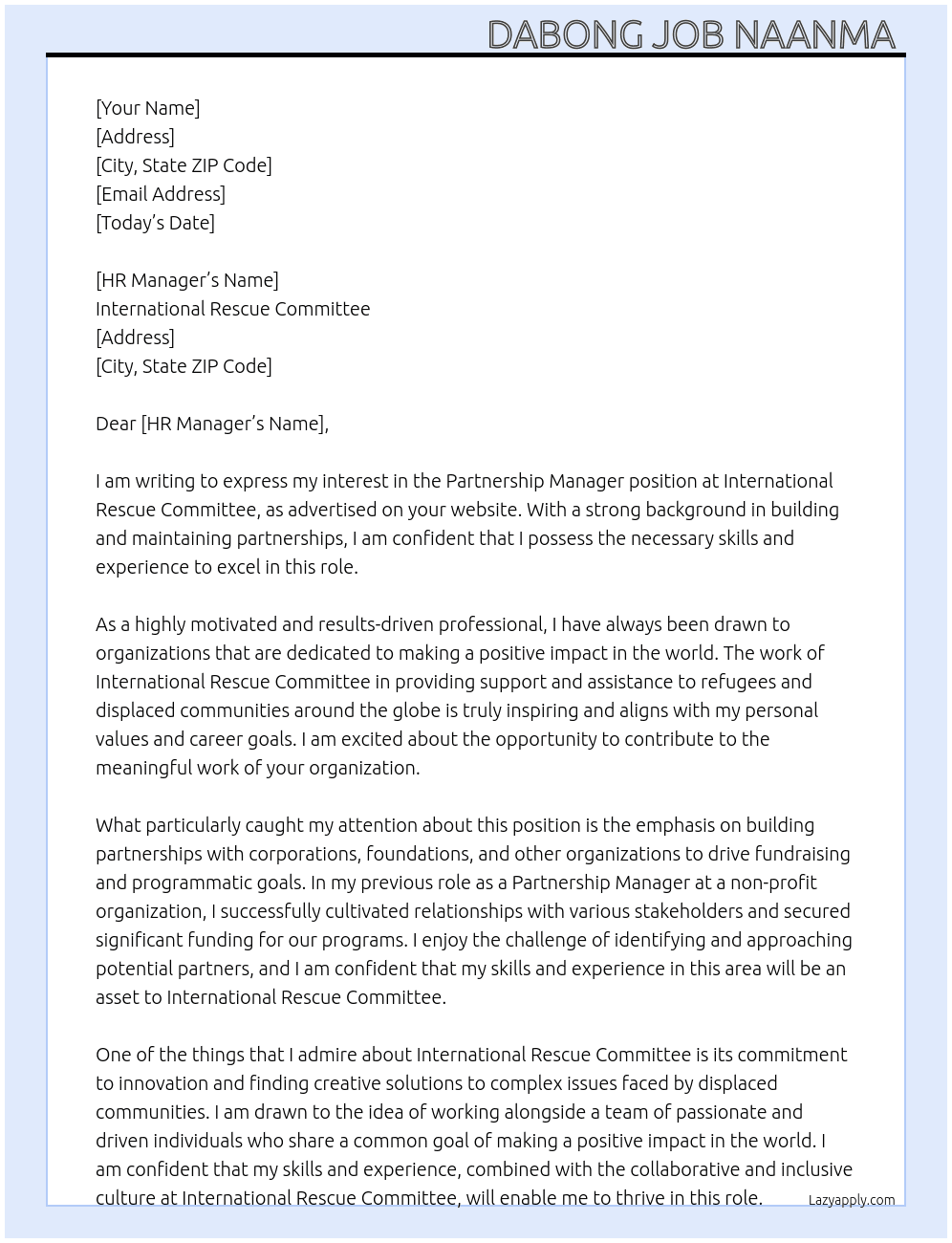 Partnership manager  At International rescue committee  Cover Letter