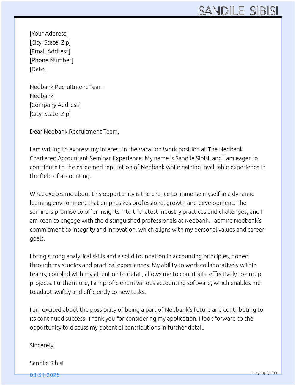 Cover letter for vacation work at the nedbank chartered accountant seminar experience - LazyApply