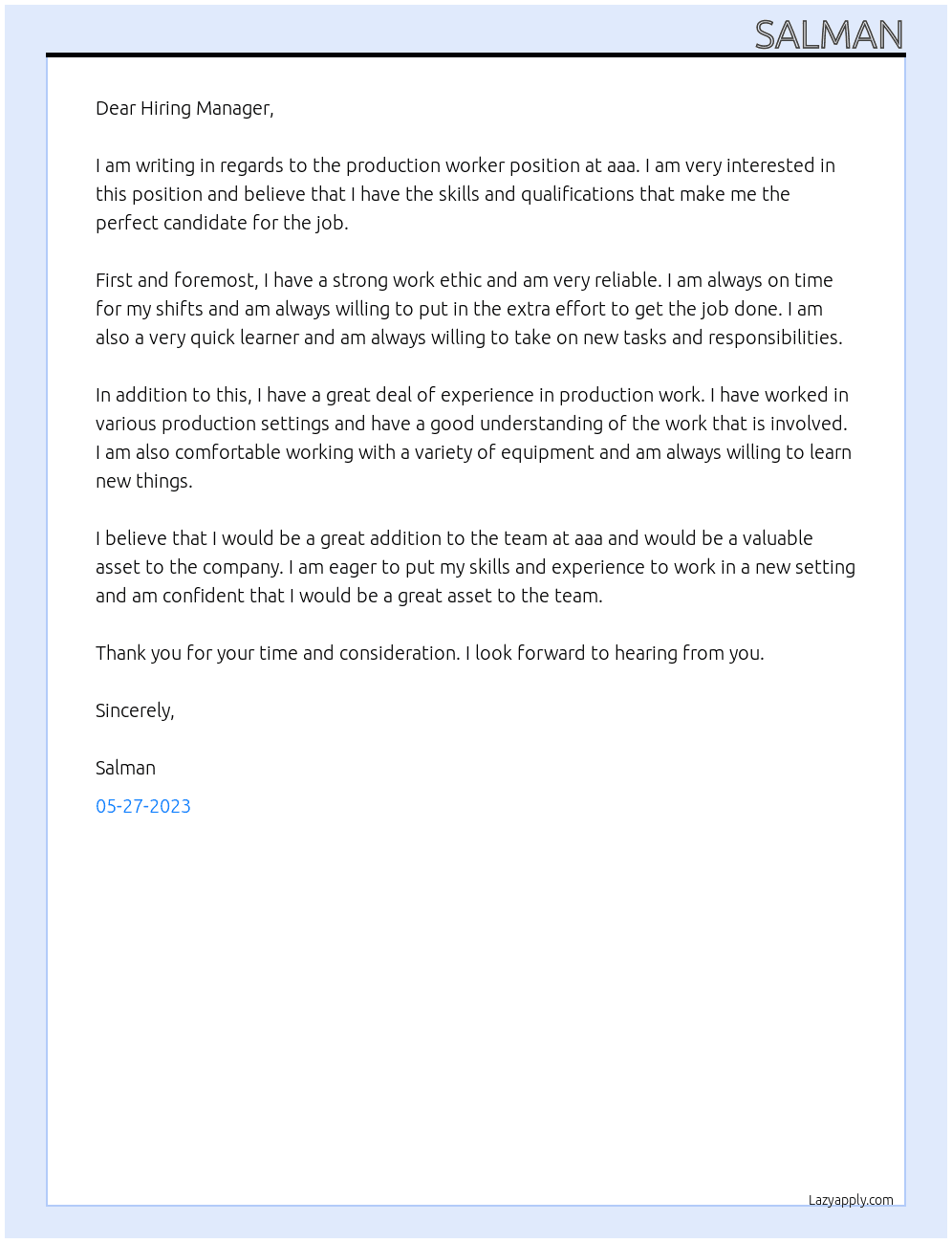 Production worker At aaa Cover Letter
