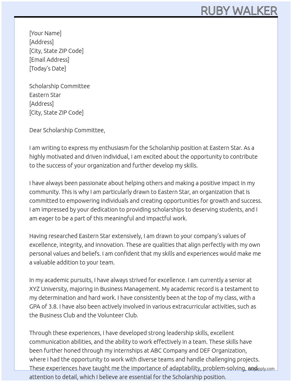 Scholarship  At Eastern Star Cover Letter