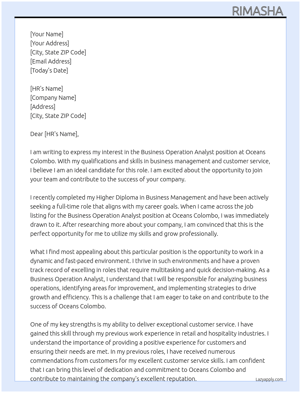 Busniess Operation Analyst At Oceans Colombo Cover Letter