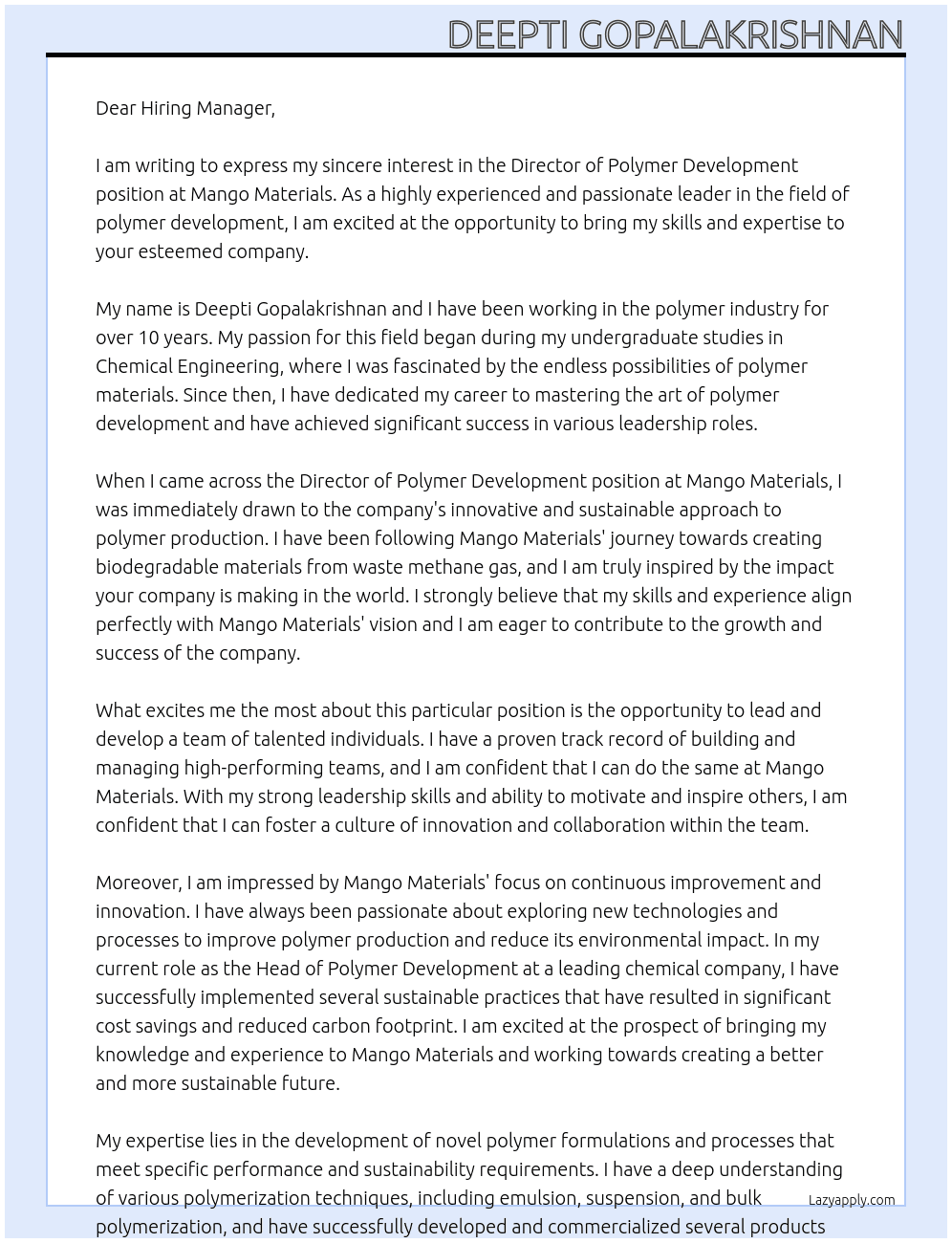 Director of Polymer Development At Mango Materials Cover Letter