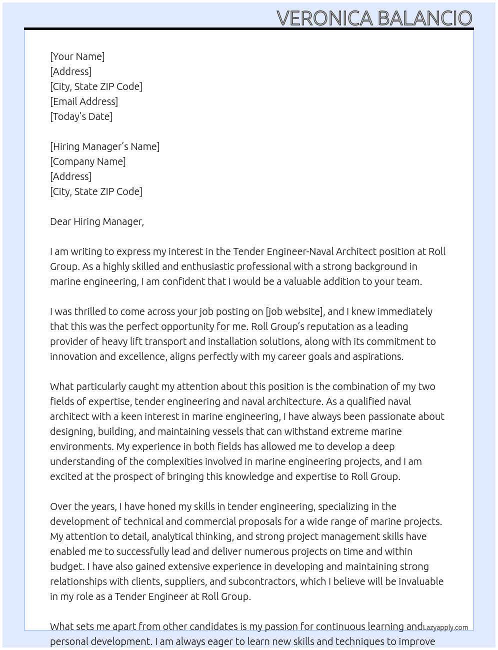 Tender Engineer - Naval Architect At Roll Group Cover Letter