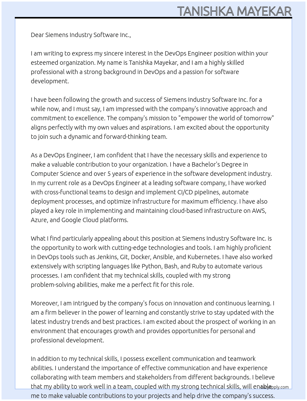 DevOps Engineer At Siemens Industry Software Inc. Cover Letter
