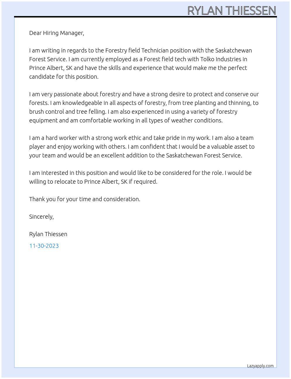 Forestry field Technician At Saskatchewan Forest Service Cover Letter