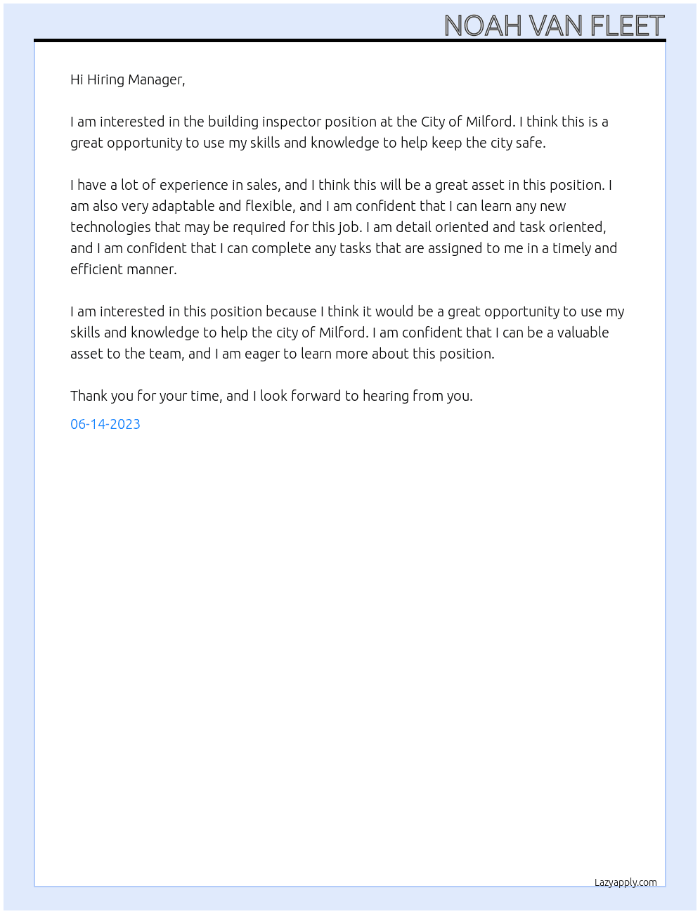 Building Inspector At City of Milford Cover Letter