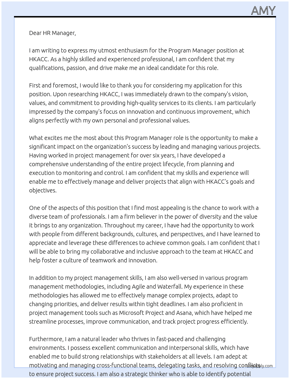 Program Manager At HKACC Cover Letter