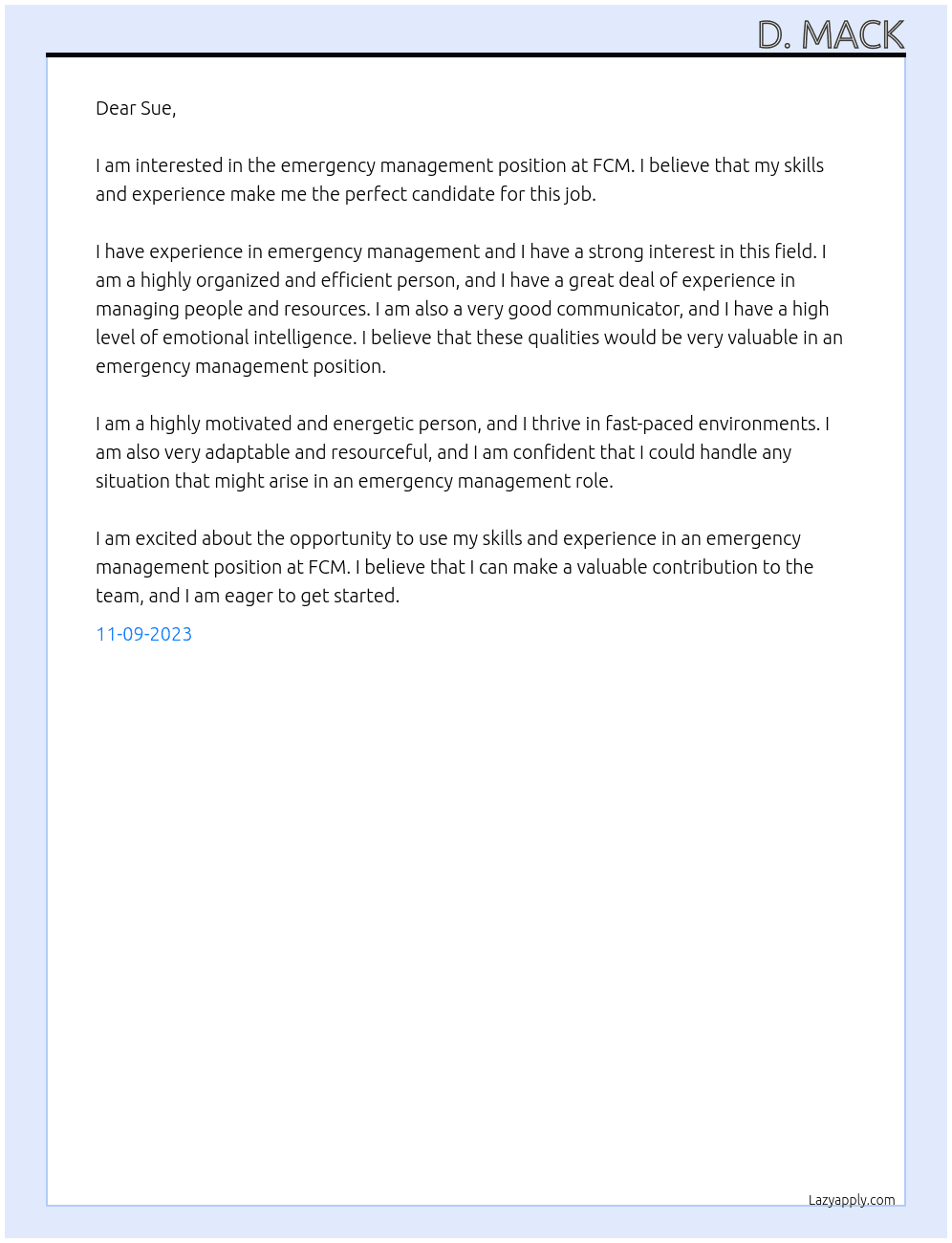 Emergency management At FCM Cover Letter