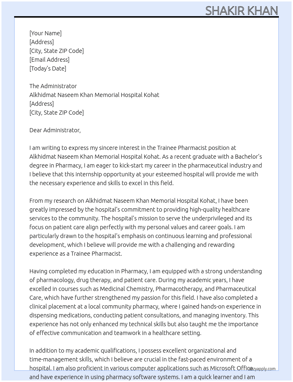 Trainee Pharmacist At Alkhidmat Naseem Khan Memorial Hospital Kohat Cover Letter