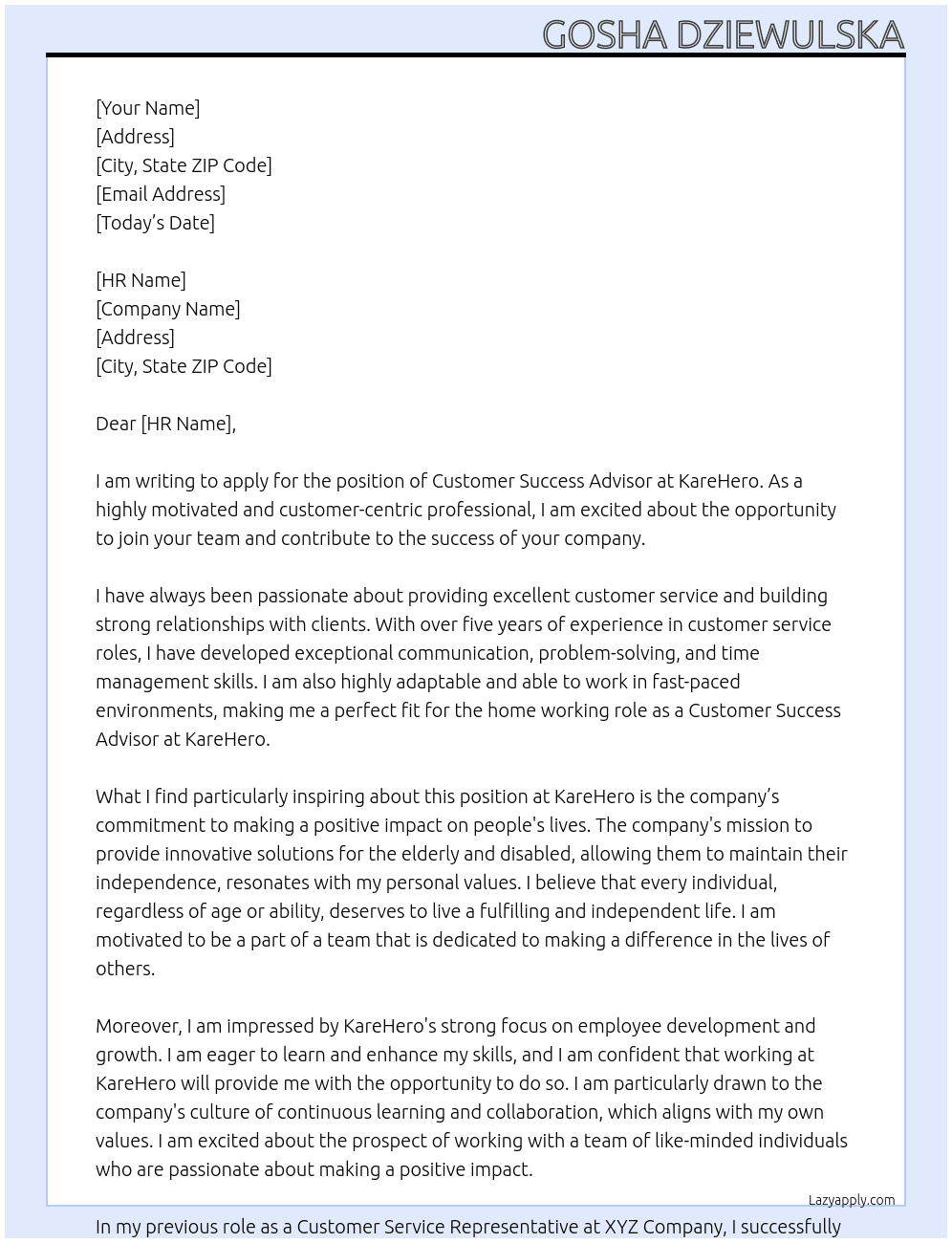 Customer Success Advisor( home working role) At KareHero Cover Letter