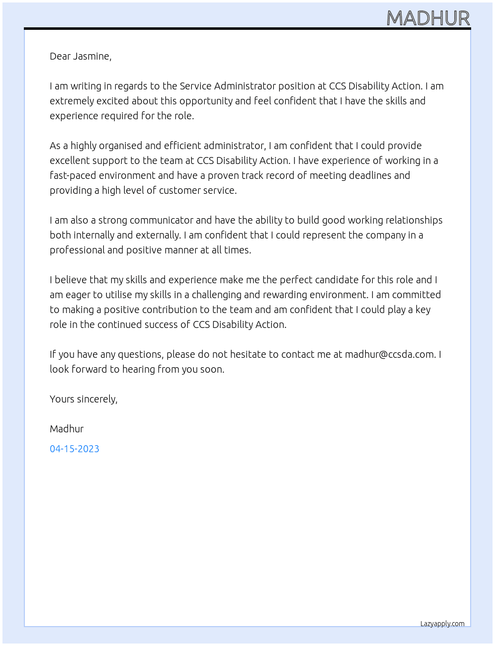 Service Administrator At CCS Disability Action Cover Letter