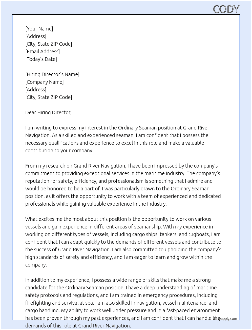 Ordinary Seaman At Grand River Navigation  Cover Letter