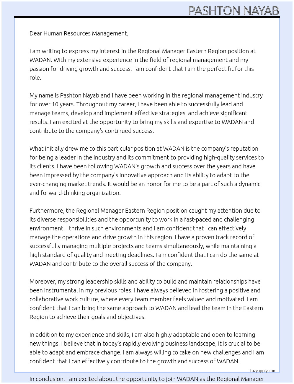 Regional Manager Eastern Region At WADAN Cover Letter