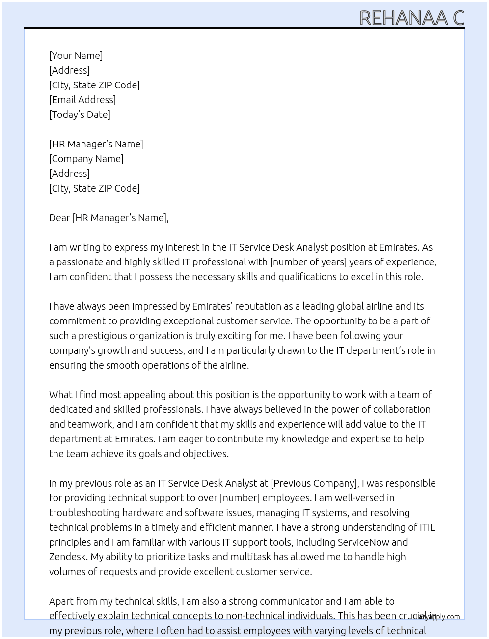 IT service desk Analyst  At Emirates Cover Letter