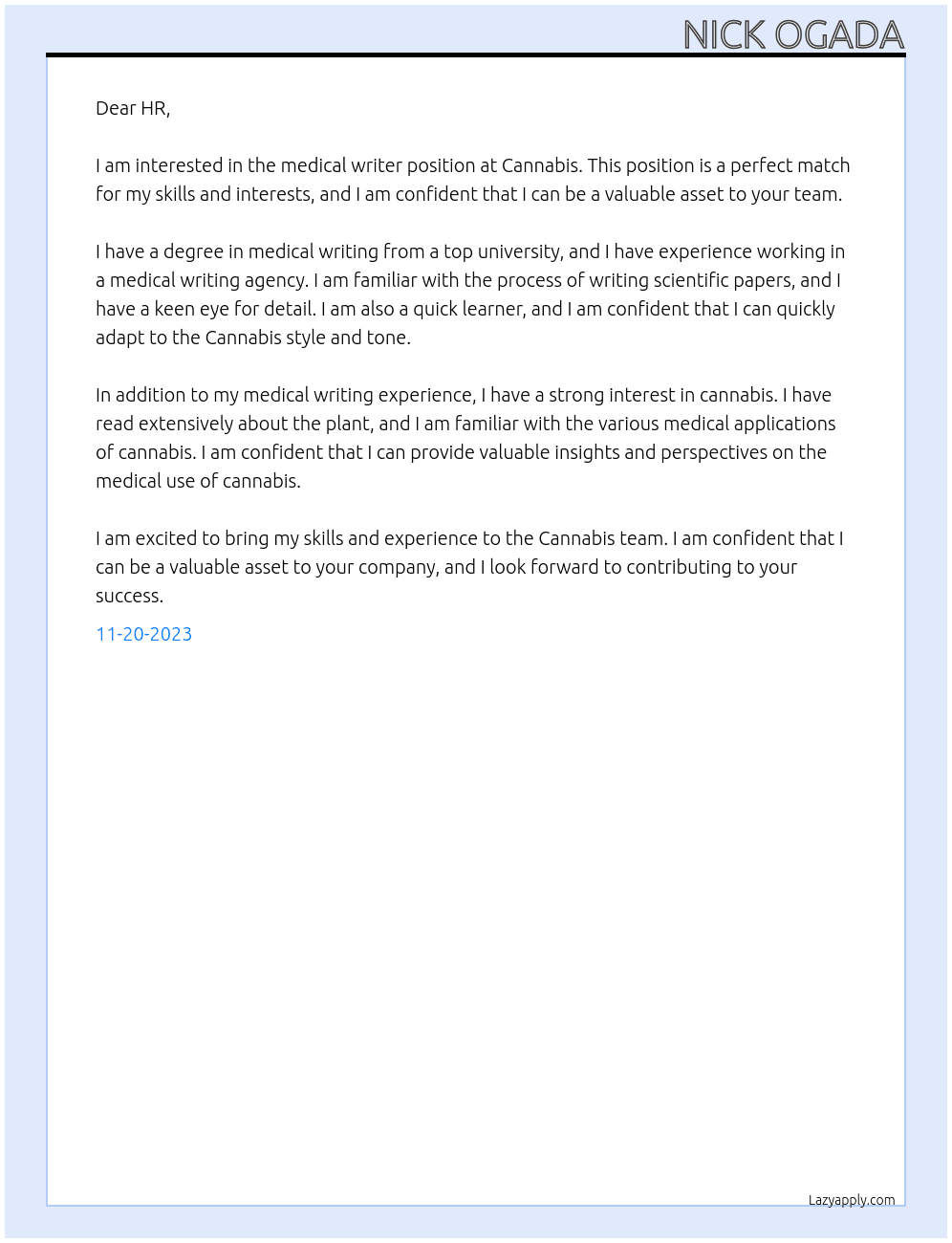 medical writer At Cannabis Cover Letter