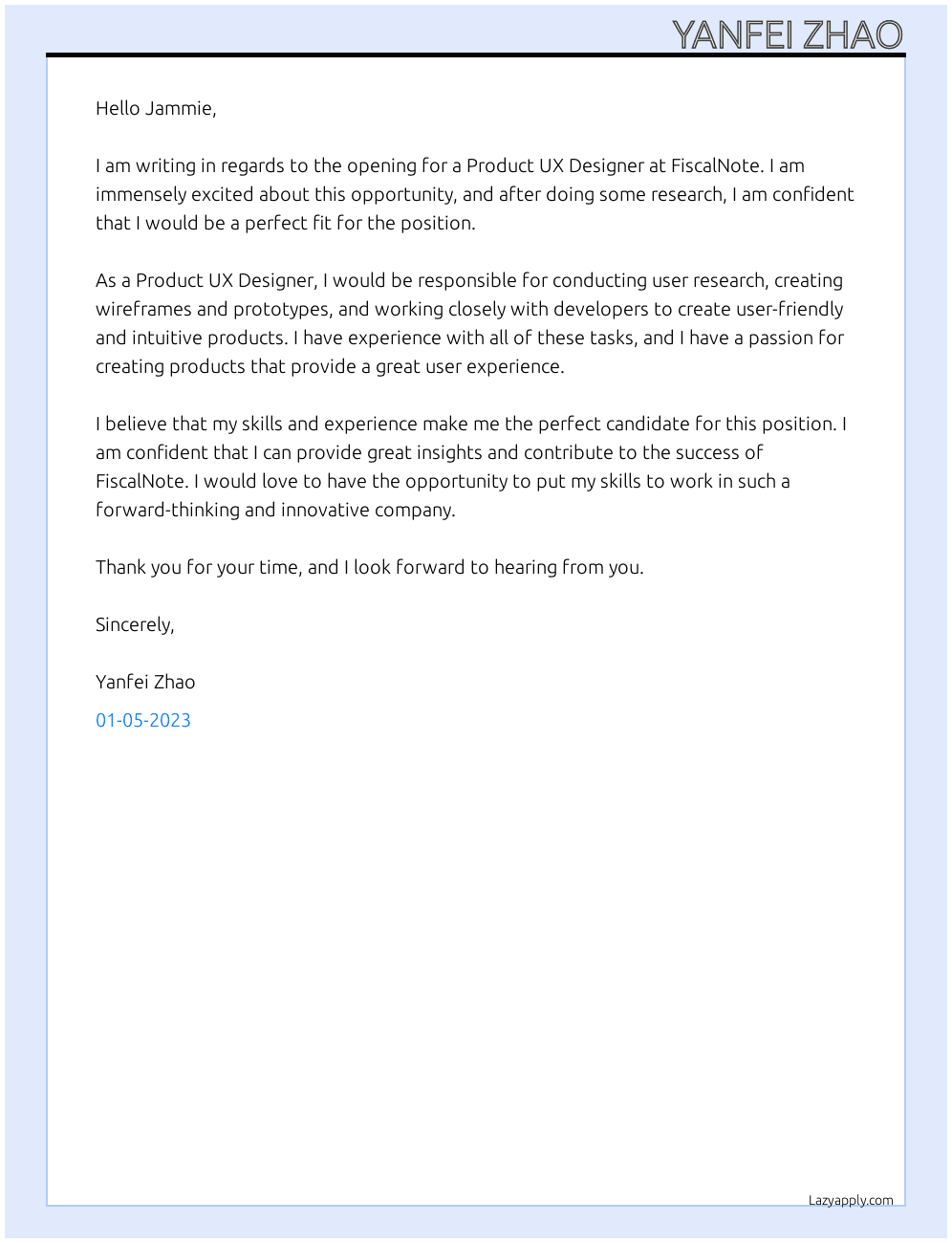 Product UX Designer At FiscalNote Cover Letter