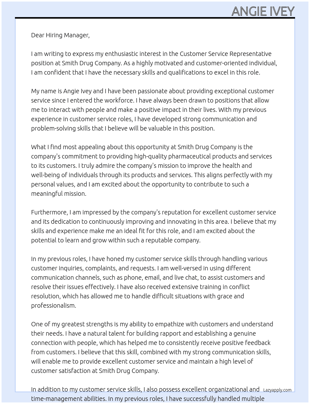 Customer Service Representative At Smith Drug Company Cover Letter