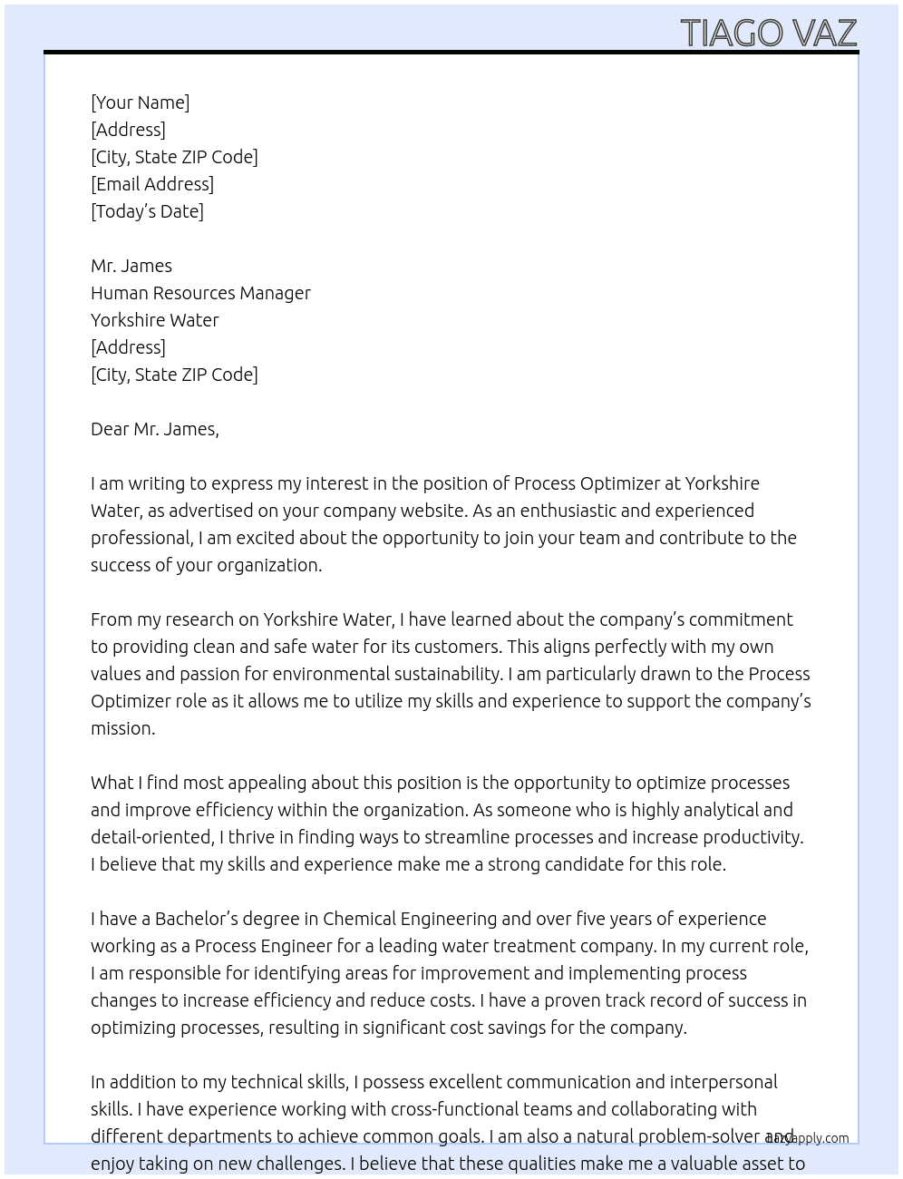 Process Optimizer At Yorkshire Water Cover Letter