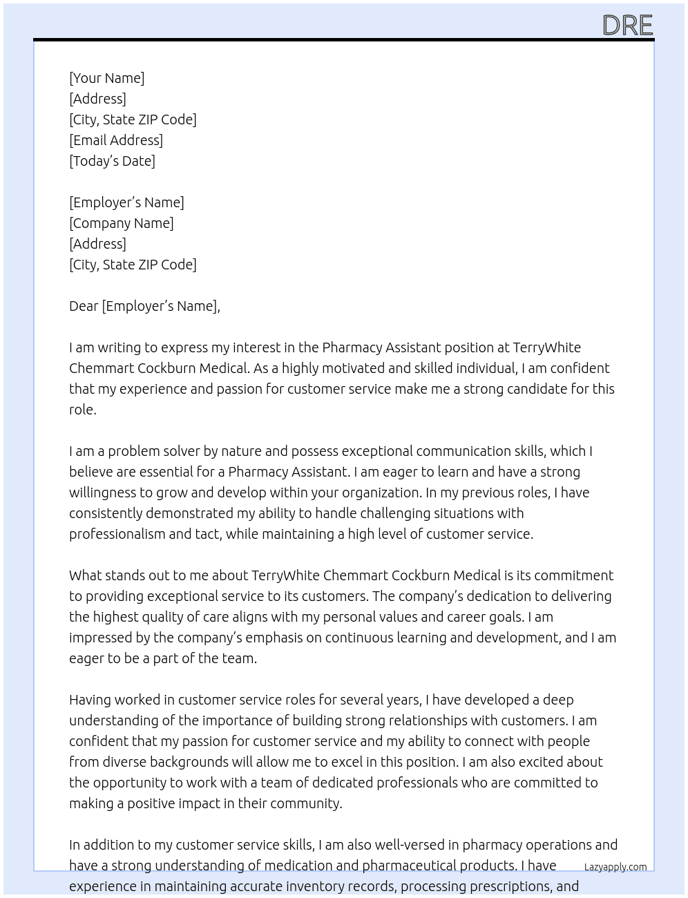 pharmacy assistant At TerryWhite Chemmart Cockburn Medical Cover Letter