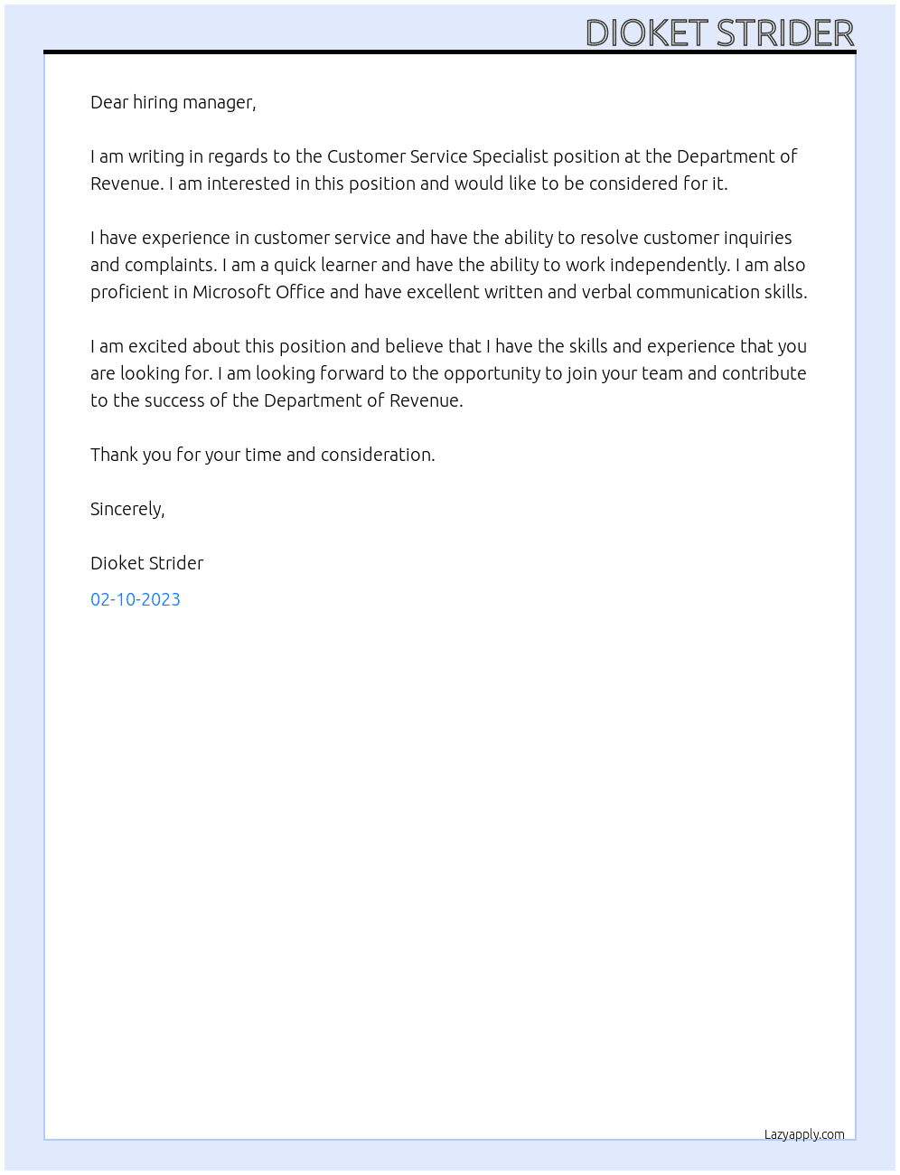 Customer Service Specialist At Department of Revenue Cover Letter