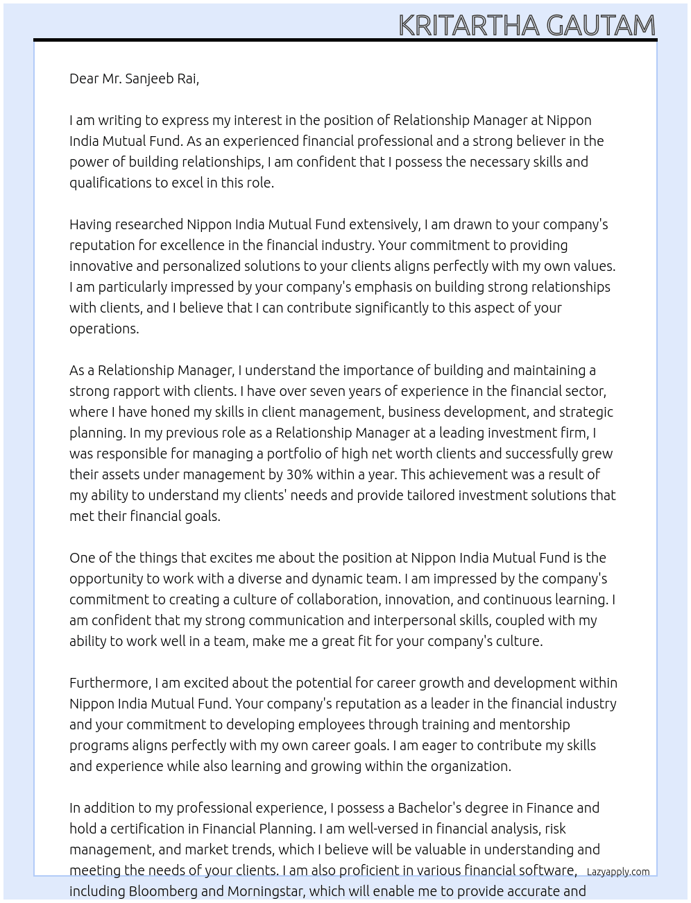Relationship Manager  At Nippon India Mutual Fund Cover Letter