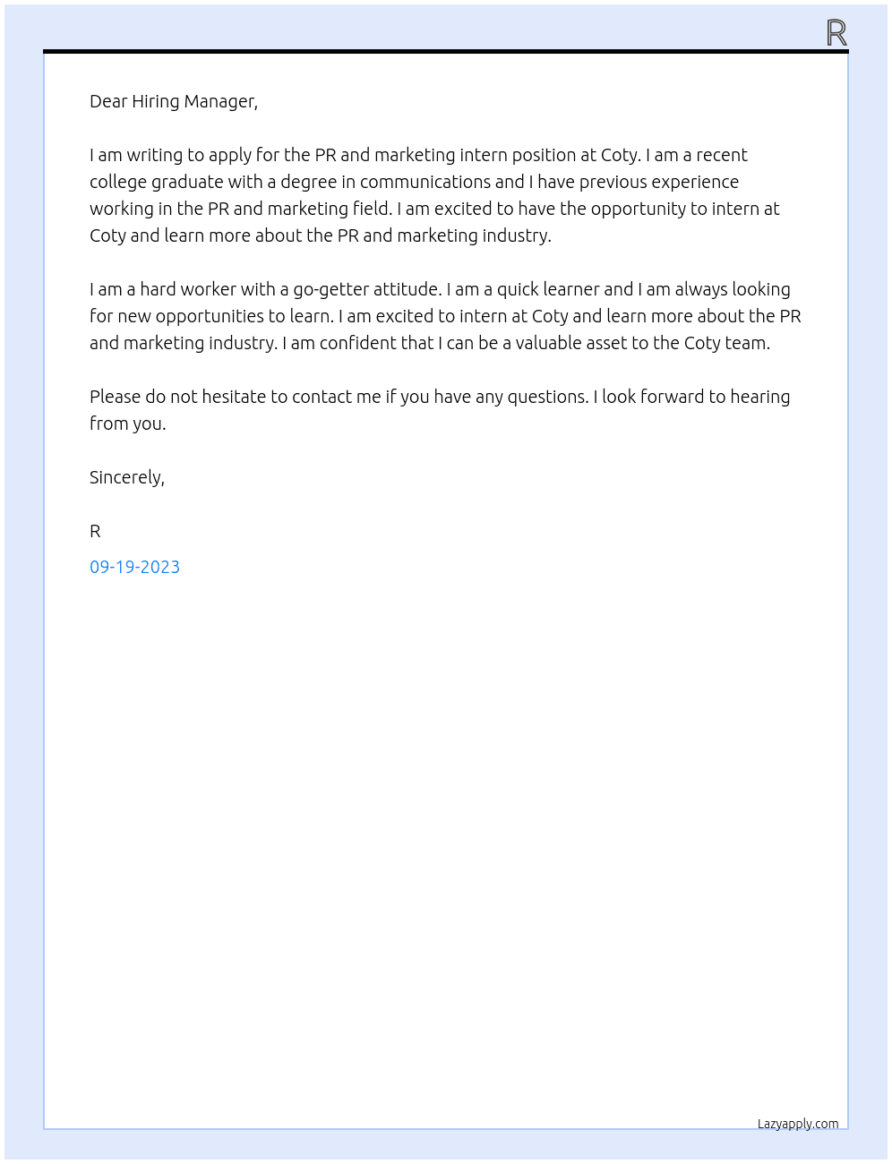 PR and marketing intern At Coty Cover Letter