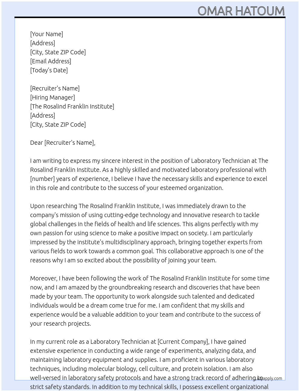 Laboratory Technician At The Rosalind Franklin Institut Cover Letter