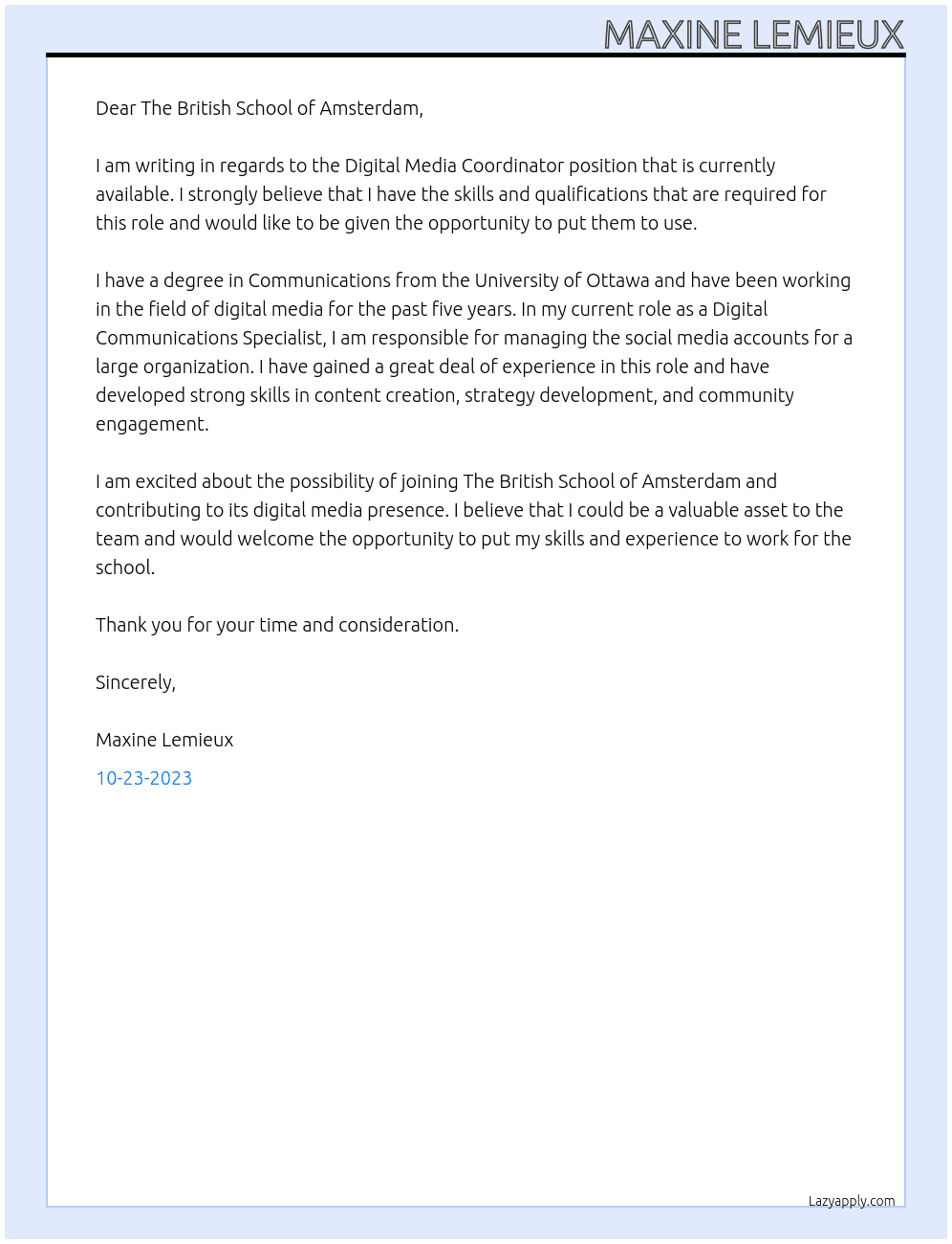 Digital Media Coordinator At The British School of Amsterdam Cover Letter