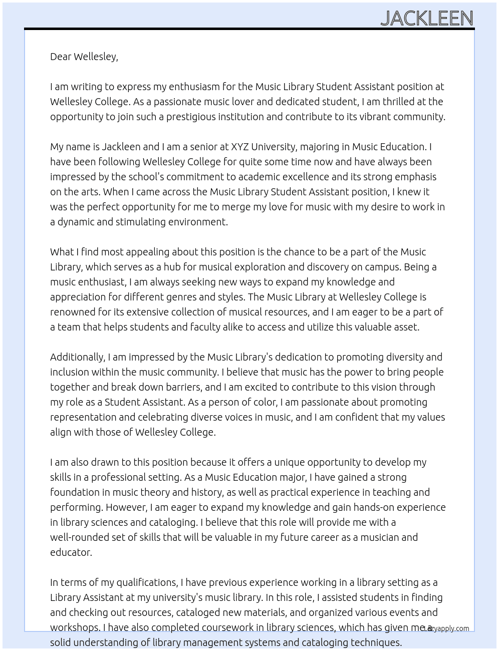 Music Library Student Assistant At Wellesley College Cover Letter