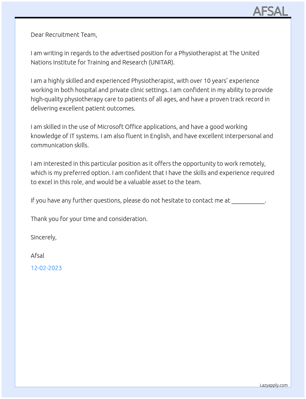 Physiotherapist  At The United Nations Institute for Training and Research Cover Letter