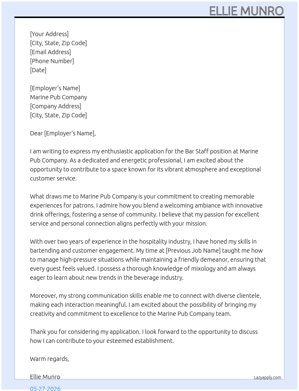Cover letter for bar staff - LazyApply