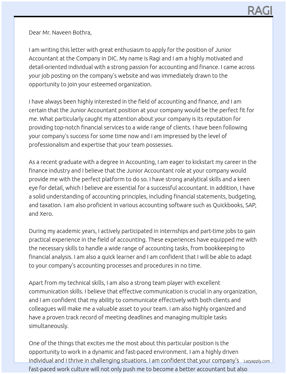 Junior Accountant At Company in DIC Cover Letter