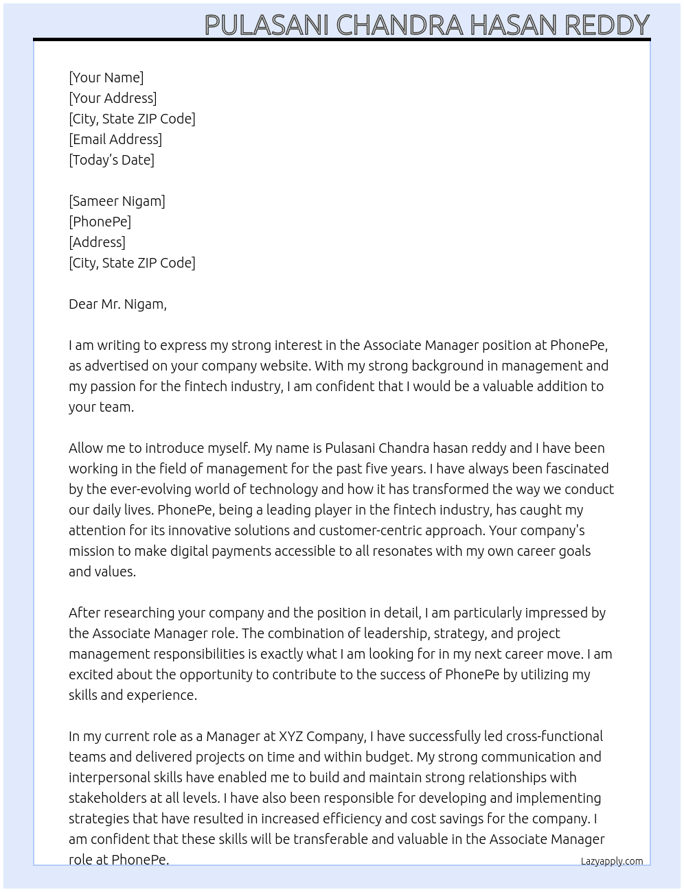 Associate Manager At PhonePe Cover Letter