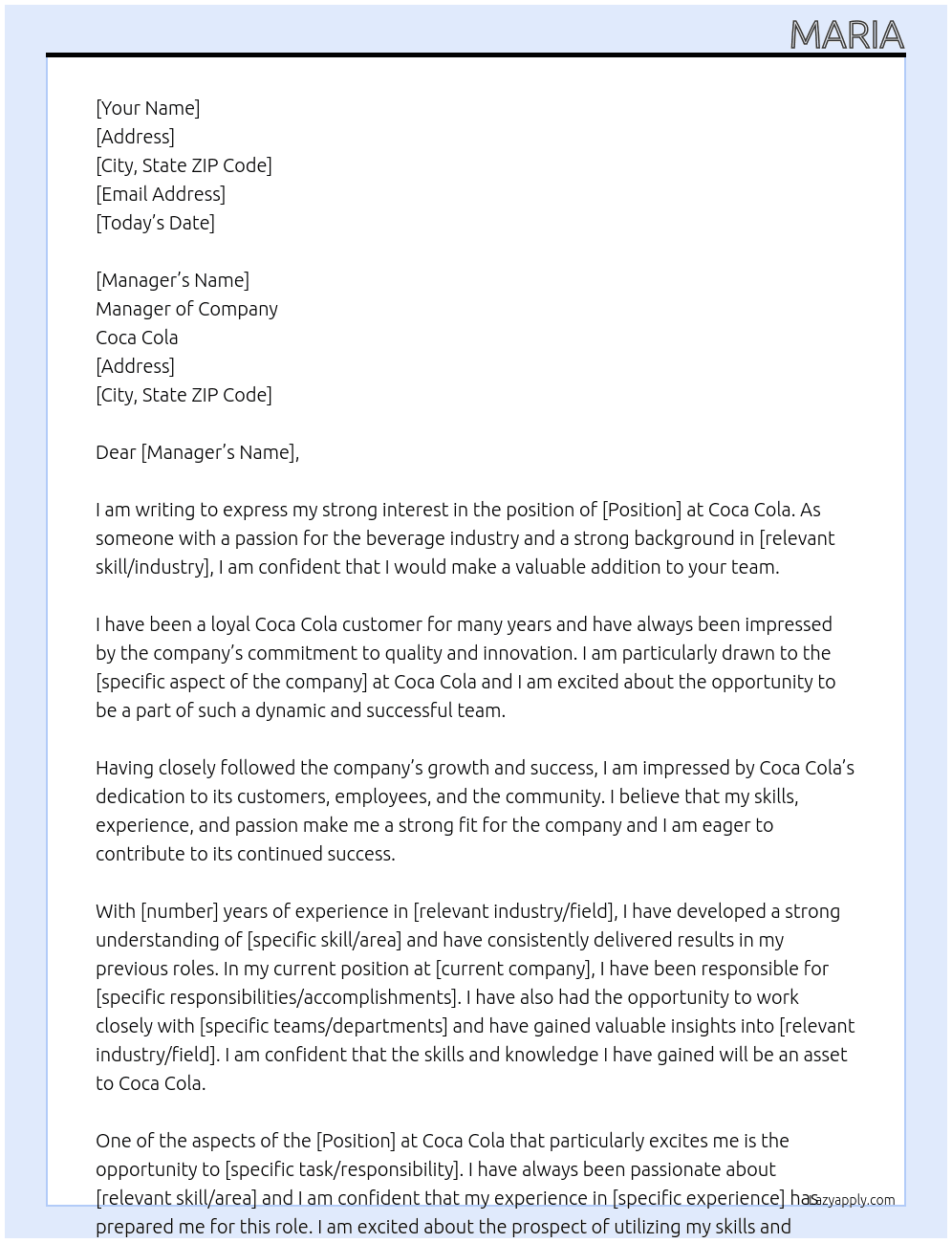 Coca Cola  At Coca Cola Cover Letter