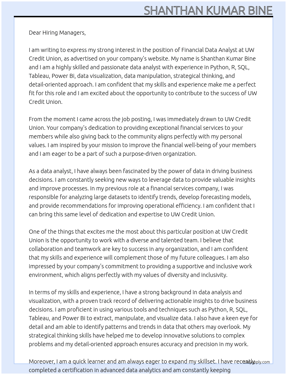 Financial Data Analyst At UW Credit Union Cover Letter